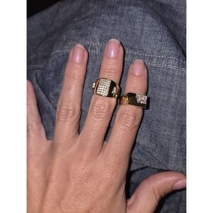 Gold Tone Cocktail Rings (2) with Clear Round Crystal, Size 6